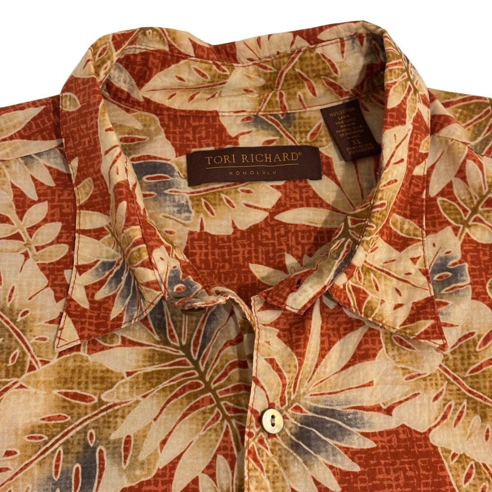 Tori Richard Hawaiian Button Down Shirt Men XL Orange Tropical Leaf Cotton Lawn